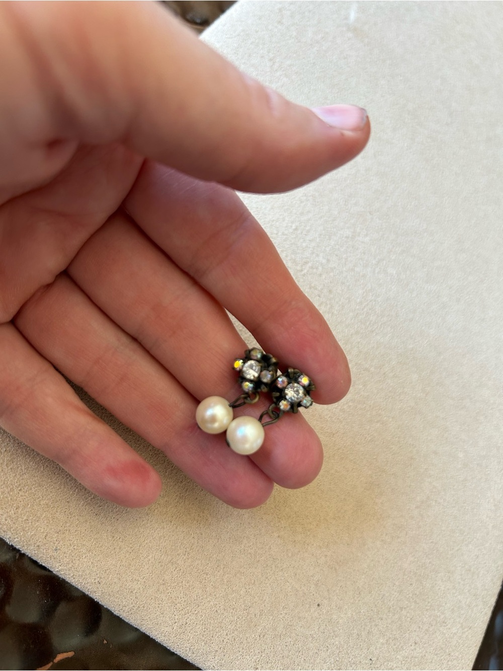 Pearl Drop Cluster Earrings - White Pearl with Rhinestone Cluster 1”